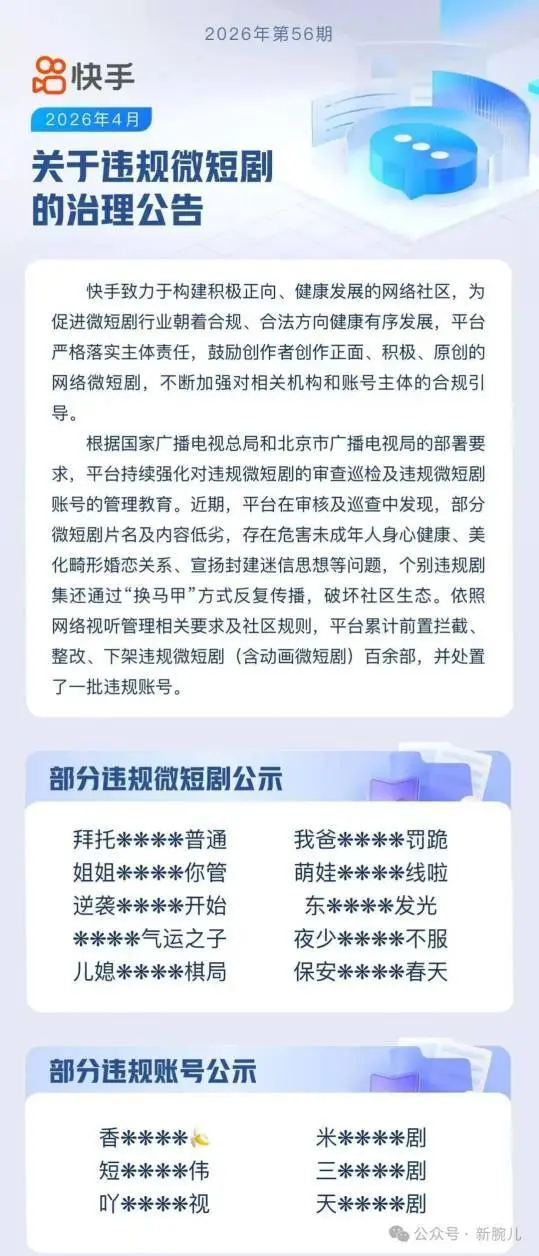 4月15日快手发布违规短剧治理公告，下架百余部违规剧目并上报黑名单